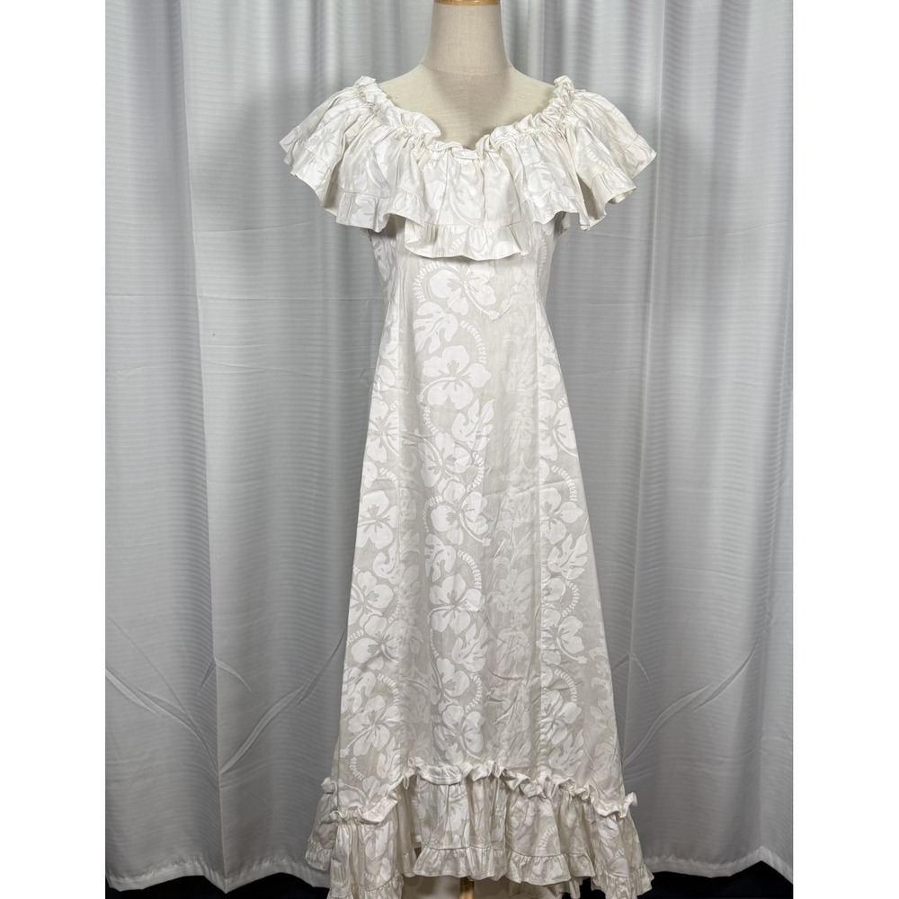 Vintage Hawaii White Cotton Maxi Wedding Dress Prairie Cottage Core USA Size L